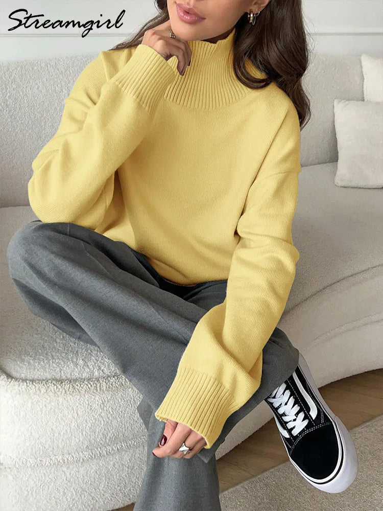 Dolcevita oversize da donna, maglione lavorato a maglia a maniche lunghe
