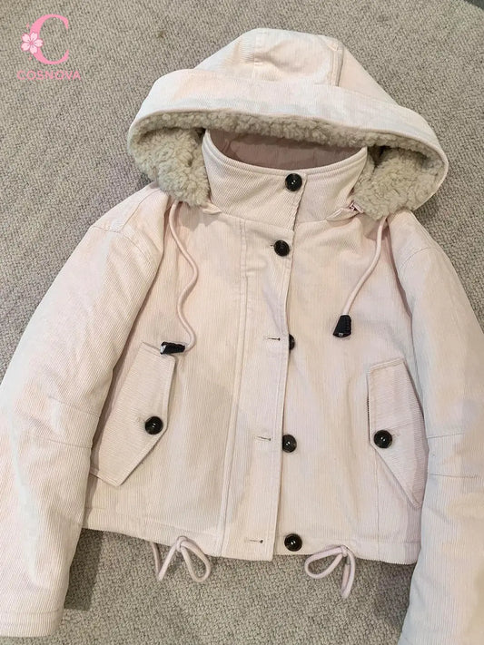 Damen Jacke Cord Optik Kapuze gefüttert Beige