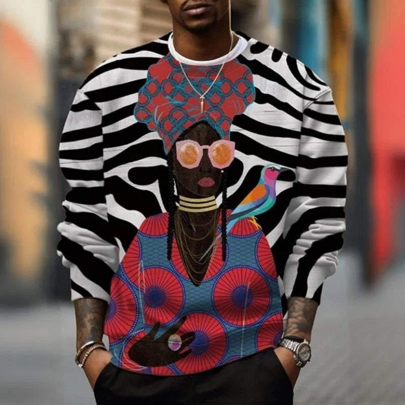 Unisex Sweatshirt mit Afrikakarten- und Augen-Print, Rundhals, Langarm