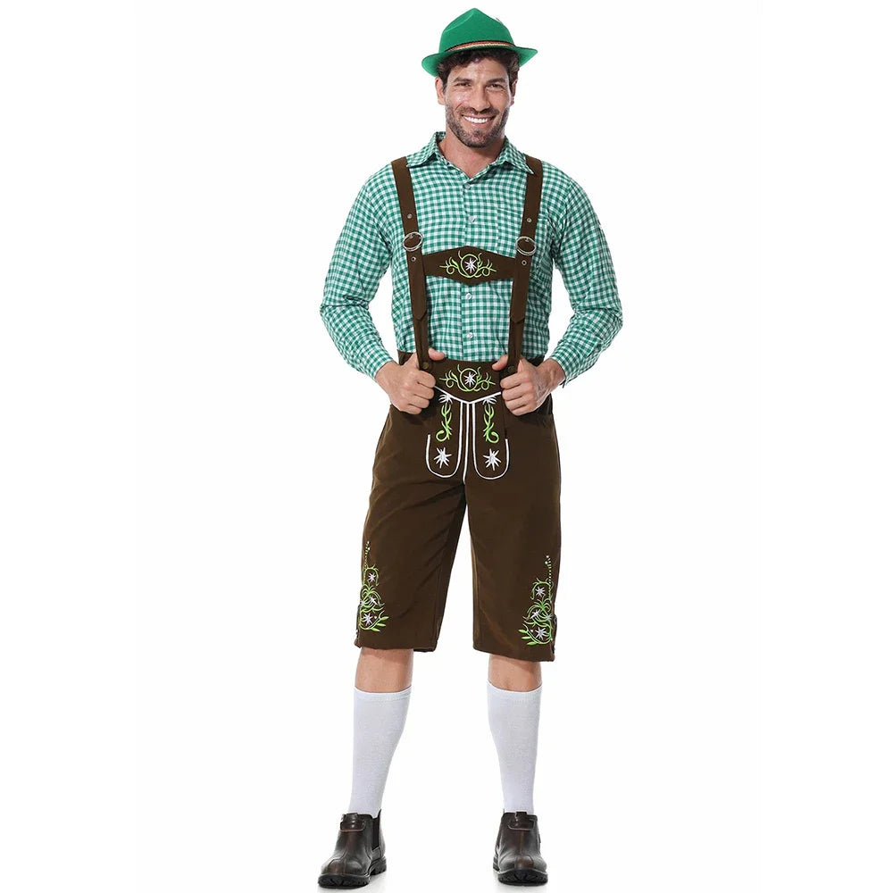 Herenklederdrachtset met geruit overhemd, leren broek en borduursel in groen en bruin