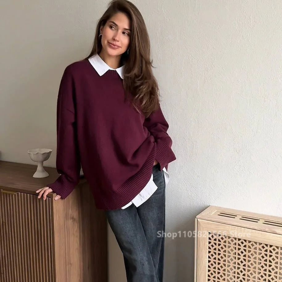 Damen Strickpullover Rundhalsausschnitt Oversize Langarm