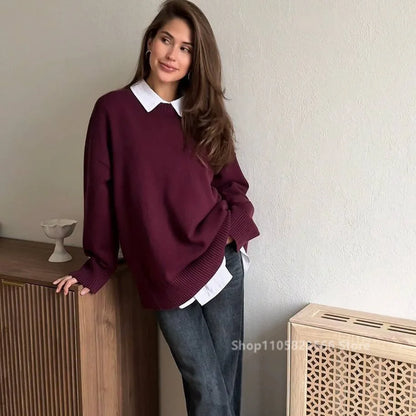 Damen Strickpullover Rundhalsausschnitt Oversize Langarm
