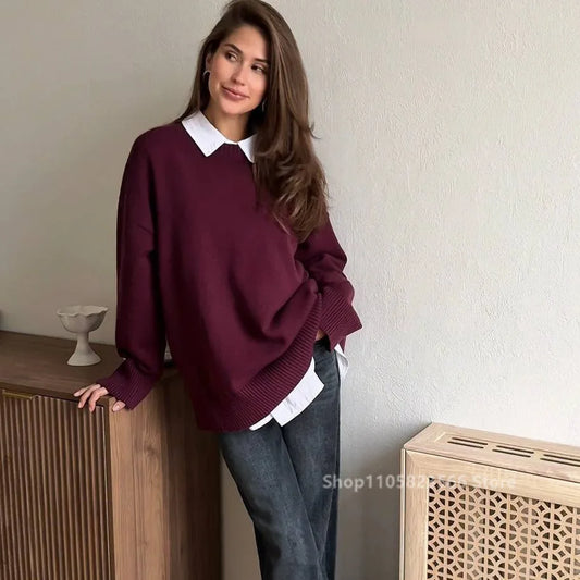 Pull en maille pour femme à col rond, coupe oversize, manches longues