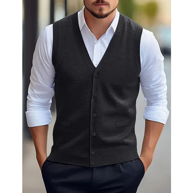Gilet da uomo lavorato a maglia, con scollo a V, abbottonatura, grigio scuro e senza maniche
