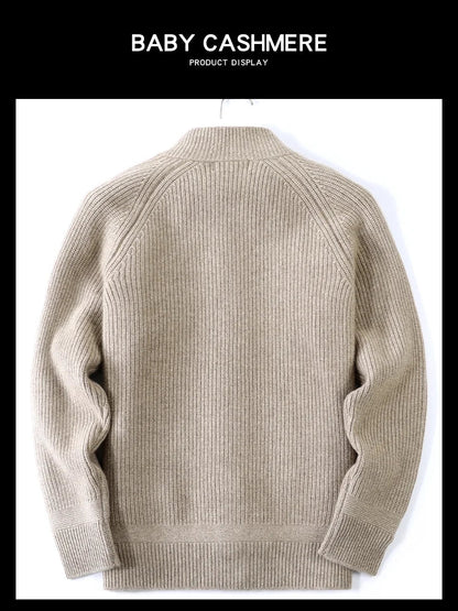 Cardigan da uomo beige con collo alto, abbottonatura e lavorazione a coste