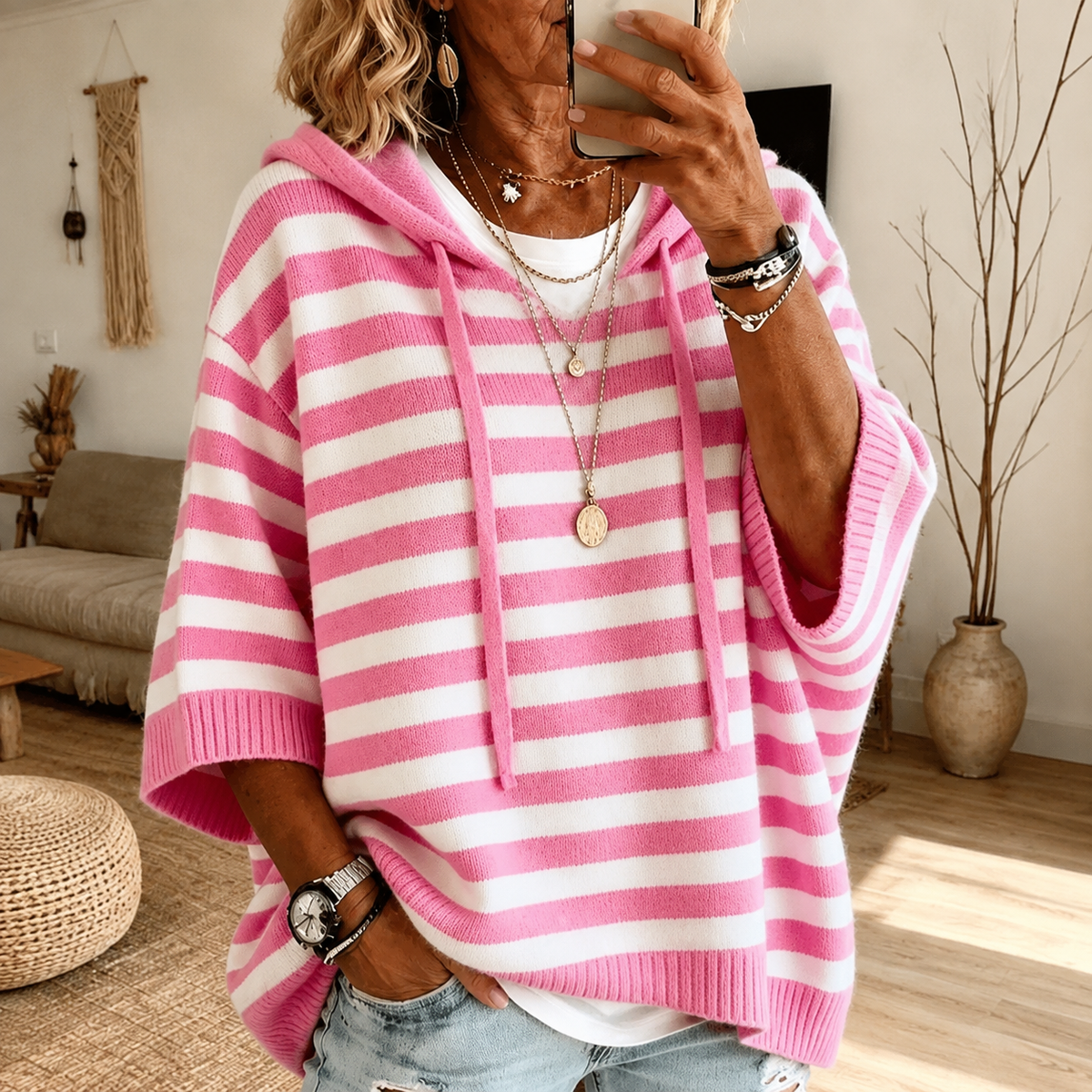 Ponchotrui met capuchon voor dames met koord en streeppatroon