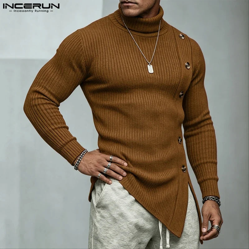 Herren Rollkragenpullover Asymmetrischer Strickpullover mit Knöpfen
