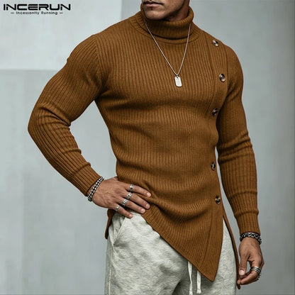 Herren Rollkragenpullover Asymmetrischer Strickpullover mit Knöpfen