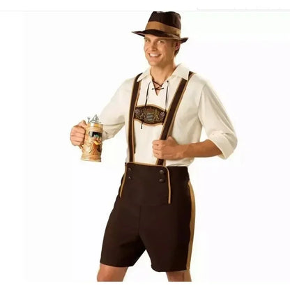 Completo tradizionale da uomo per Oktoberfest beige e marrone con bretelle e cappello