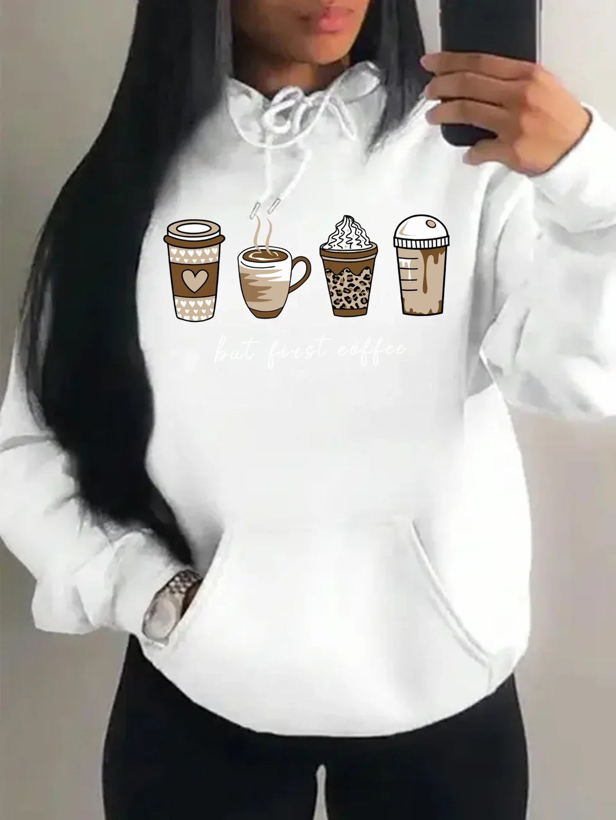 Damen Hoodie mit Kaffeebecher-Print "but first coffee" und Kängurutasche