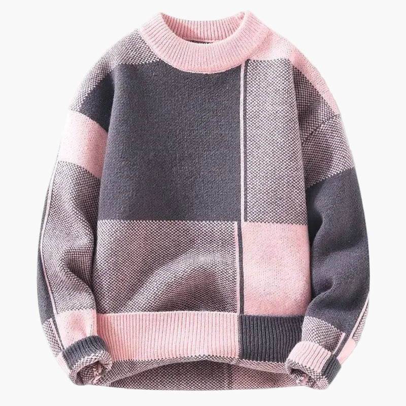 Herre sweater i moderne patchwork-stil – Komfortabel rundhalset sweater til fritid og hverdag