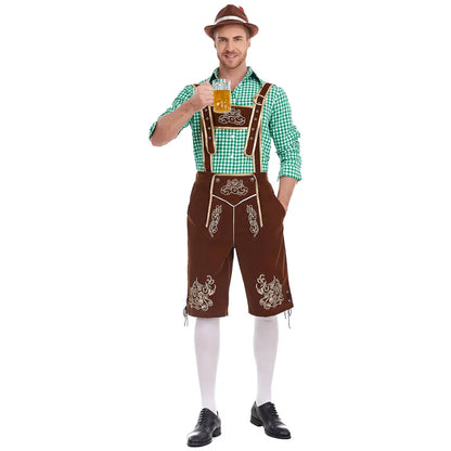 Herren Trachten Lederhose mit Hemd und Hosenträgern Geringeltes Karo-Muster