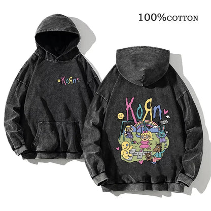 Unisex Kapuzenpullover Grau mit Band-Print & Kängurutasche