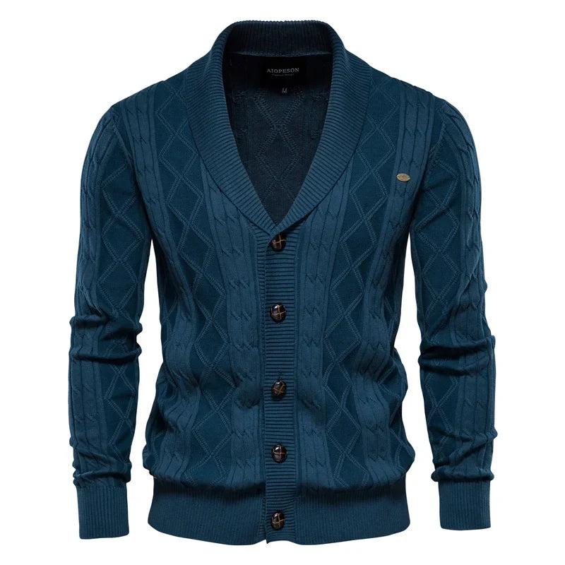 Cardigan da uomo in maglia con collo a scialle e motivo a rombi, abbottonatura e maniche lunghe