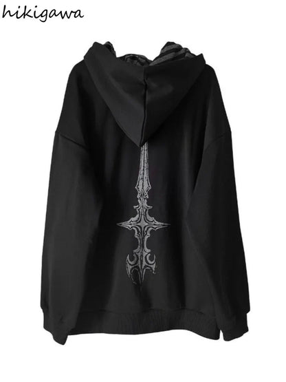 Giacca con cappuccio unisex con cerniera, oversize, stampa gotica