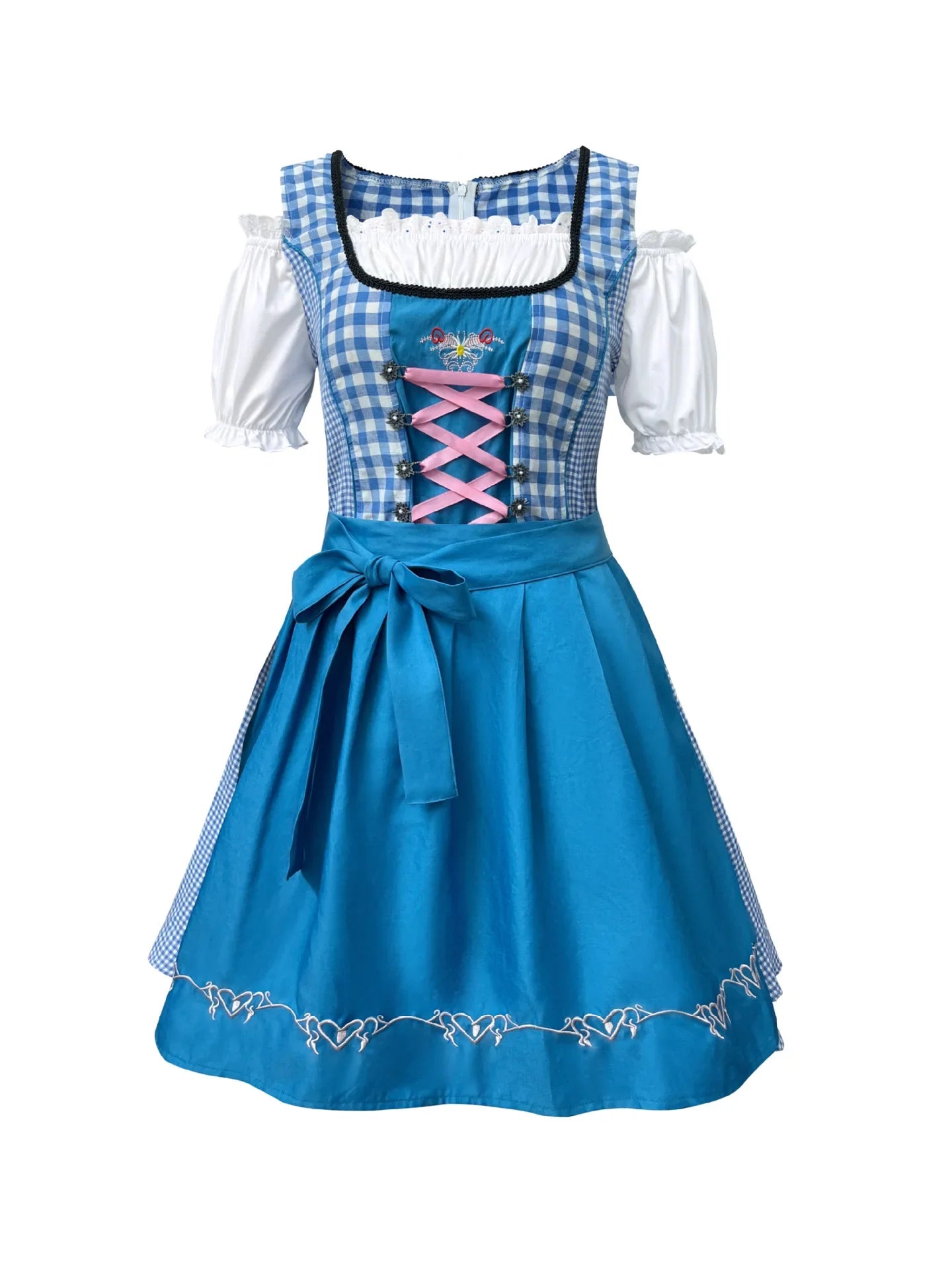 Damesdirndl blauw geruit en effen met schort, schoudervrij