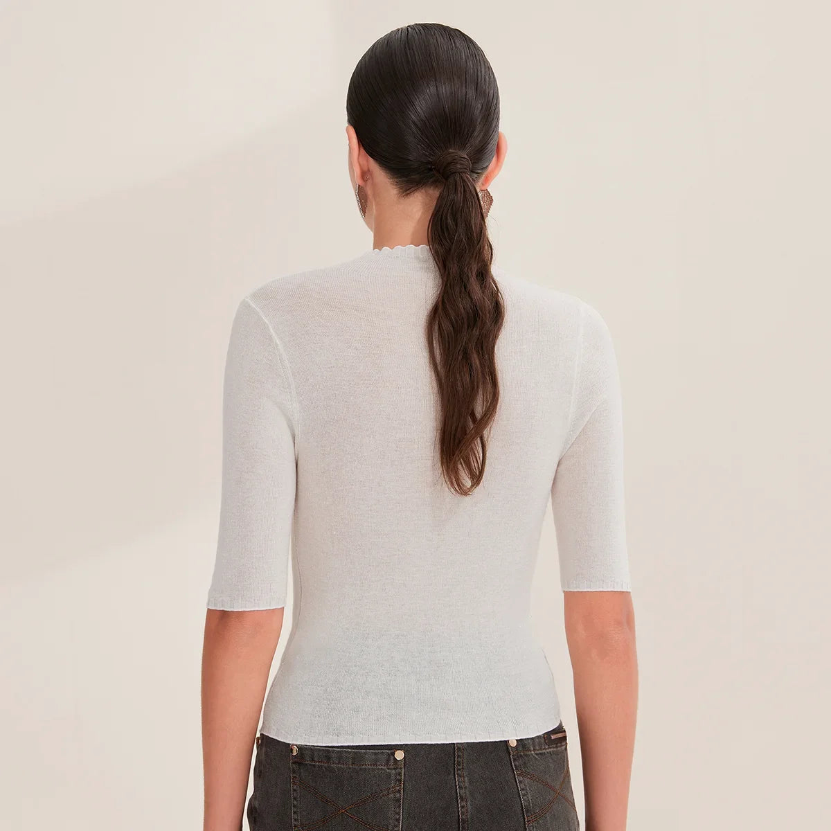 Damen Stricktop Halbarm Stehkragen Feinstrick Schimmer-Optik