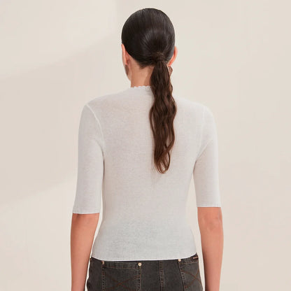 Damen Stricktop Halbarm Stehkragen Feinstrick Schimmer-Optik