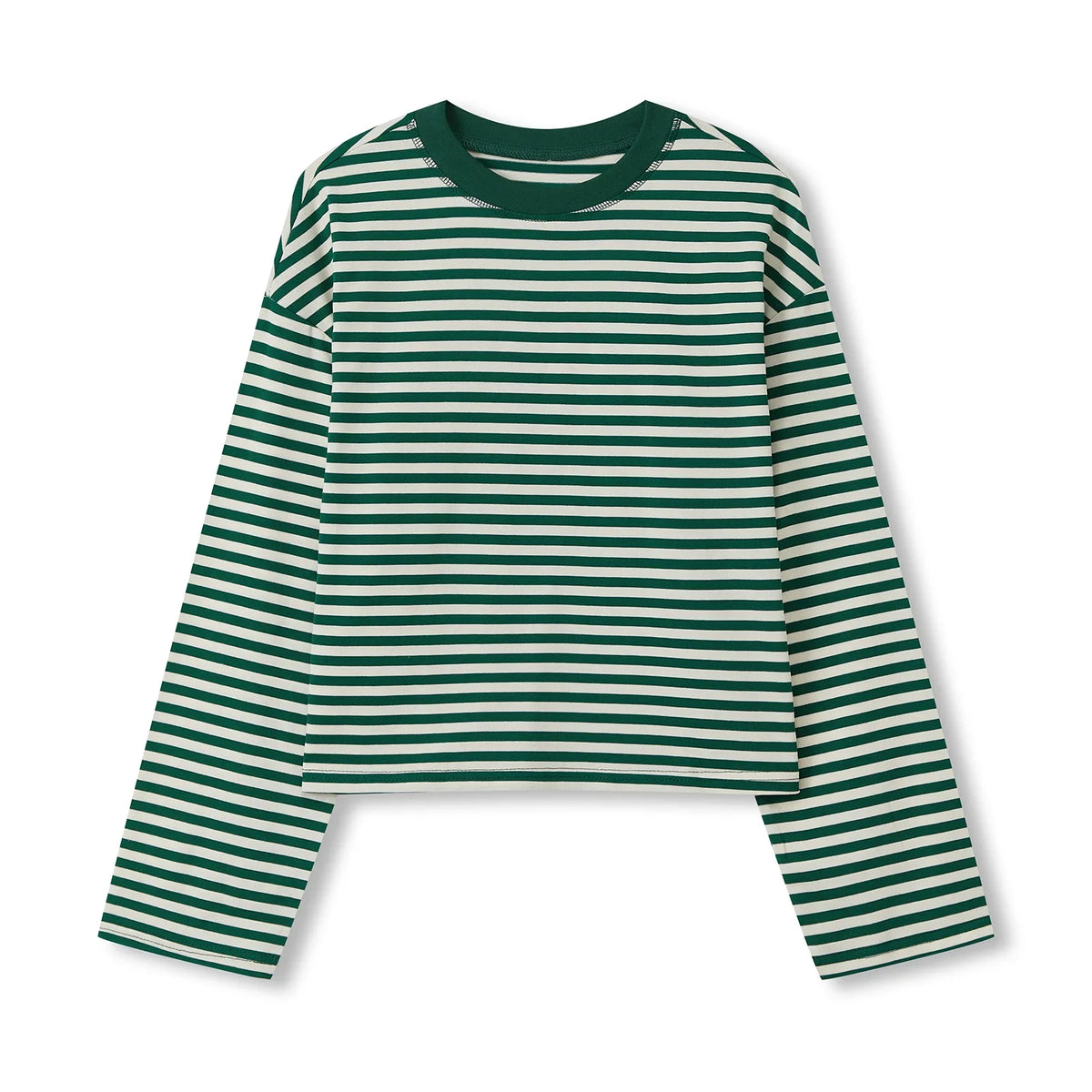 Haut rayé à manches longues pour femmes, col rond, crop top