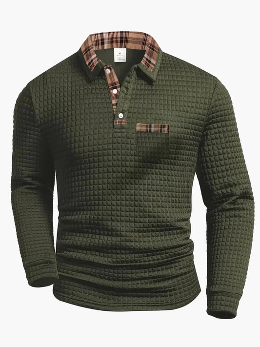 Heren Lange mouw Polo in gewatteerd design met ruitkraag – Modieuze vrijetijdslook
