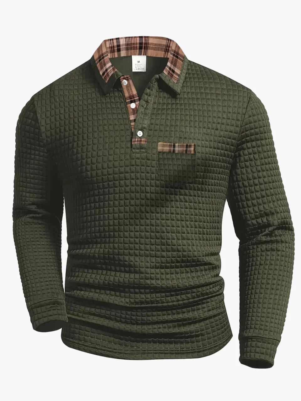 Herre fritids langærmet poloshirt med ternede detaljer – Moderigtigt vaffelmønster, ideel til hverdag & kontor