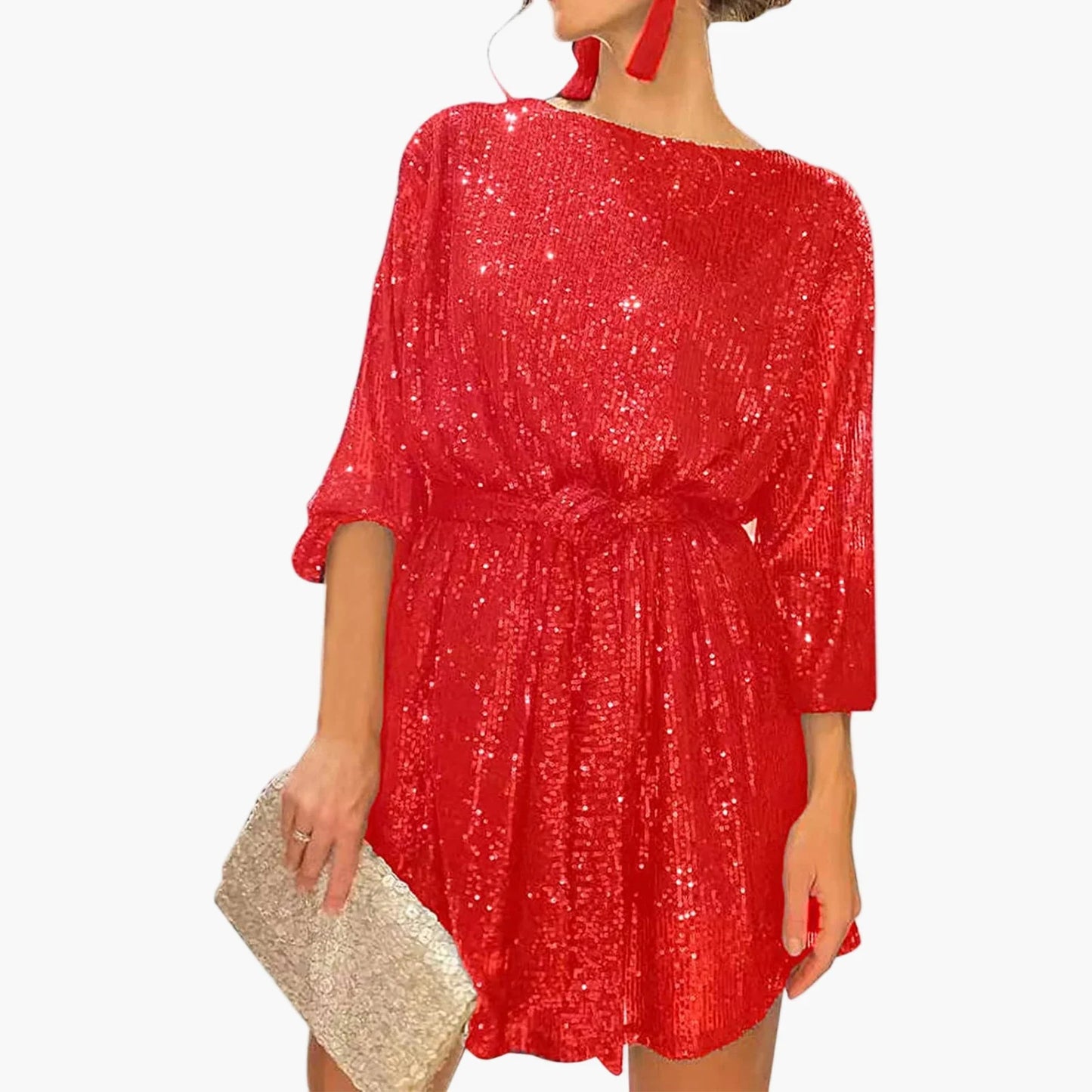 Robe de soirée pour femme avec paillettes, coupe ample, longueur genou, festive et glamour