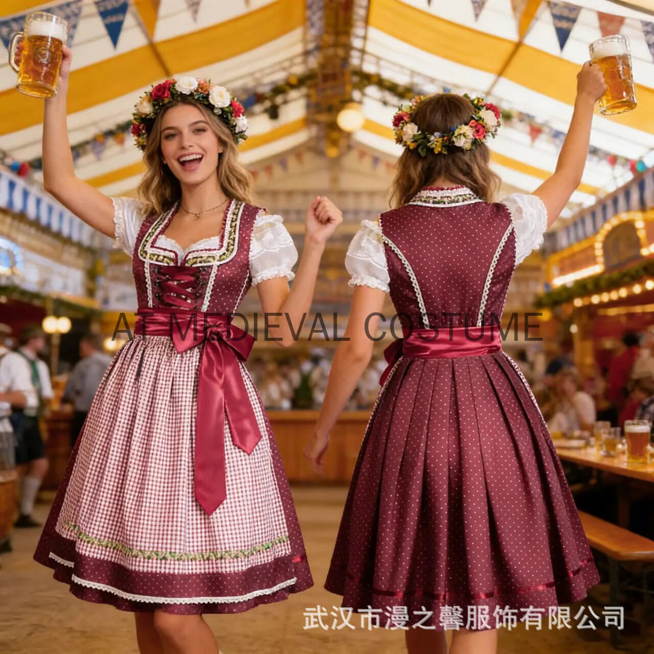 Dirndl Trachtenkleid für Damen, Weinrot mit weißer Bluse und Schürze, kariert/gepunktet