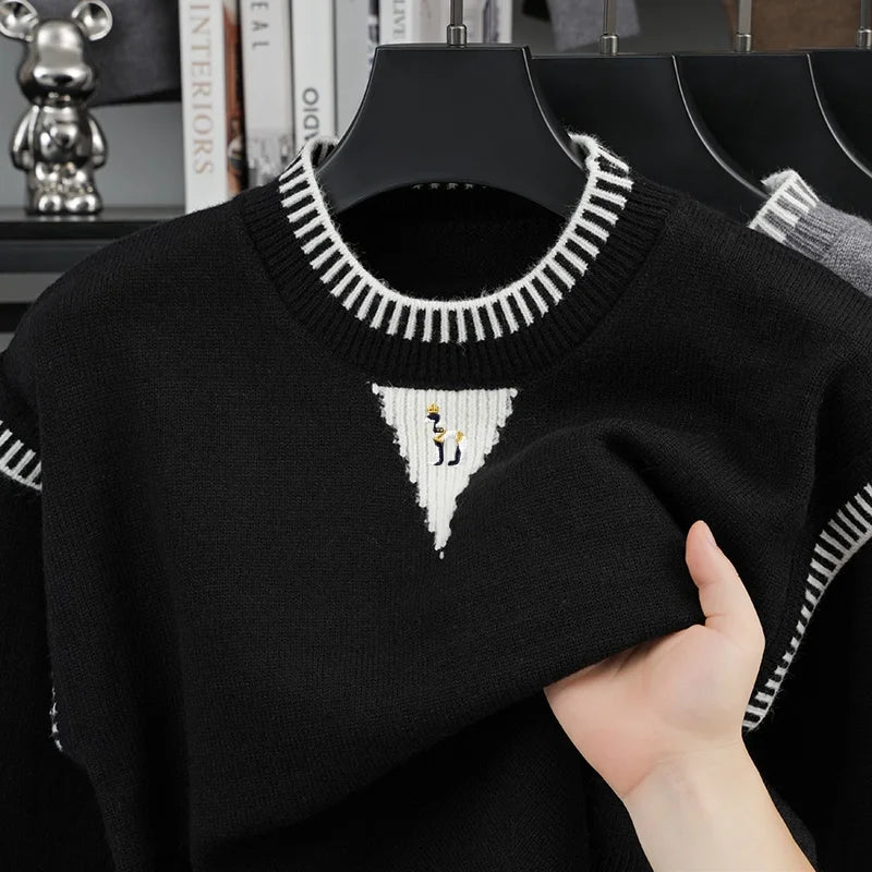Herren Strickpullover Rundhals mit Muster auf der Brust