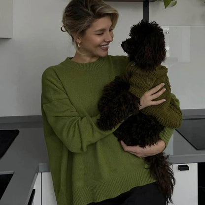 Damestrikpullover med rund hals, lange ærmer, oversize