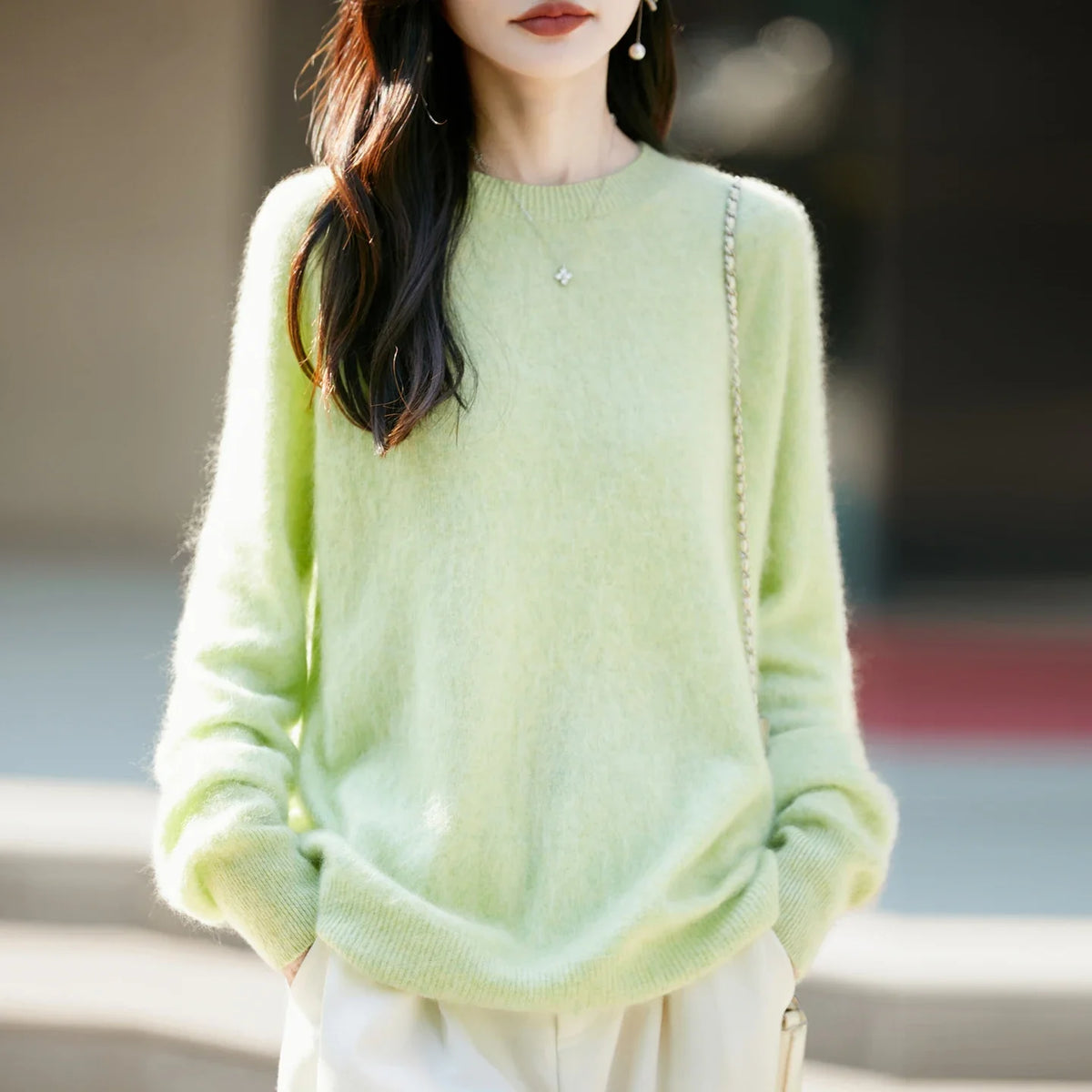 Pullover da donna in maglia, a girocollo, a maniche lunghe, morbido