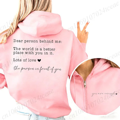 Damen Hoodie mit "Dear person behind me" Aufdruck und Reißverschluss-Detail