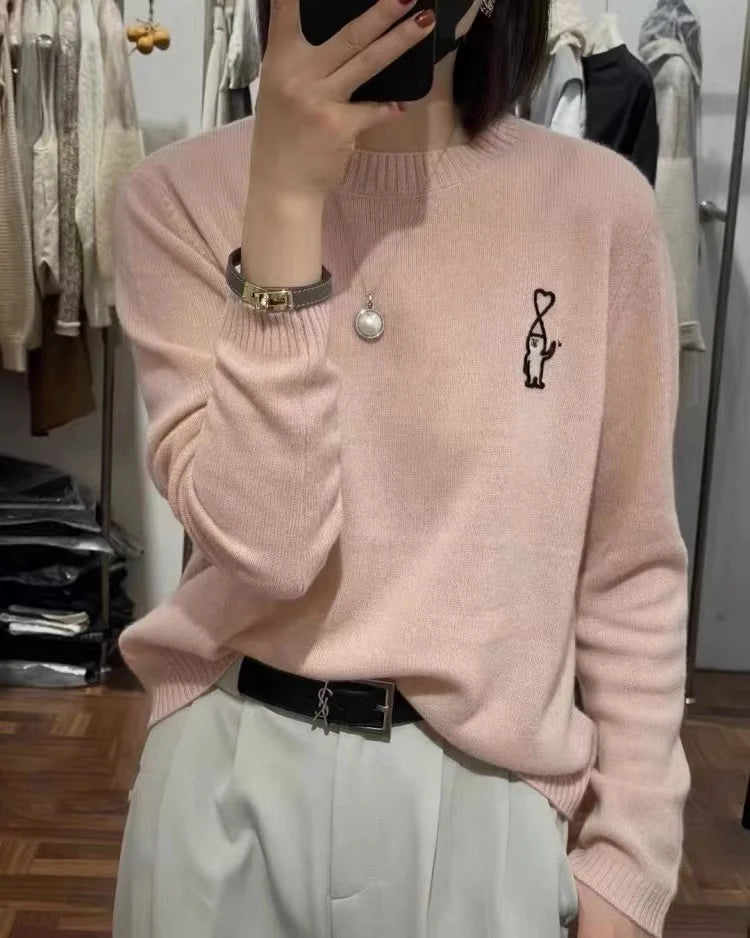 Maglione da donna a girocollo con ricamo, maniche lunghe e polsini a coste, materiale morbido e soffice