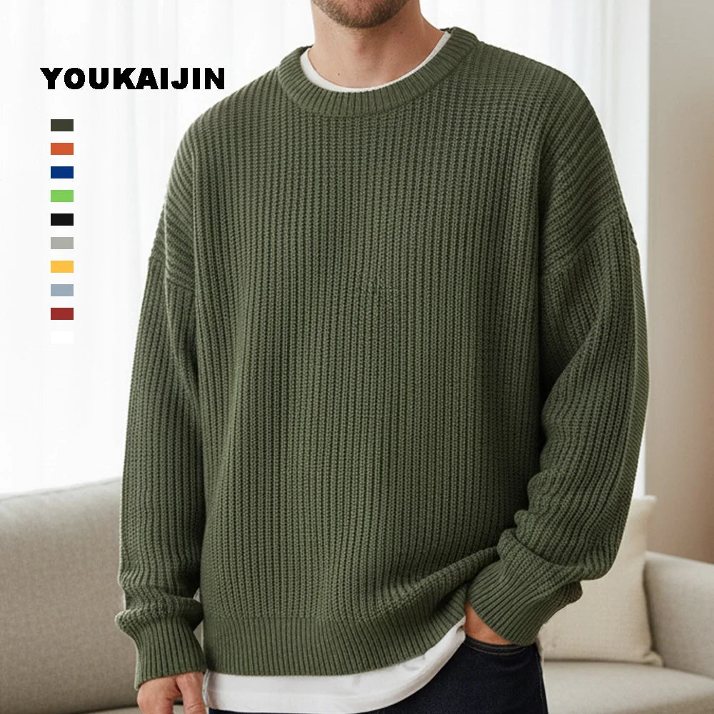 Pullover da uomo in maglia, girocollo, maglia grossa, tinta unita