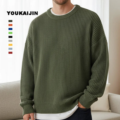 Pullover da uomo in maglia, girocollo, maglia grossa, tinta unita