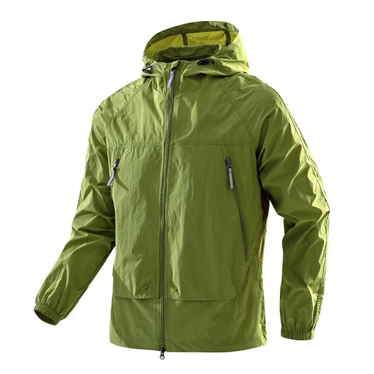 Chaqueta cortavientos ligera unisex con capucha y cremallera, verde oliva