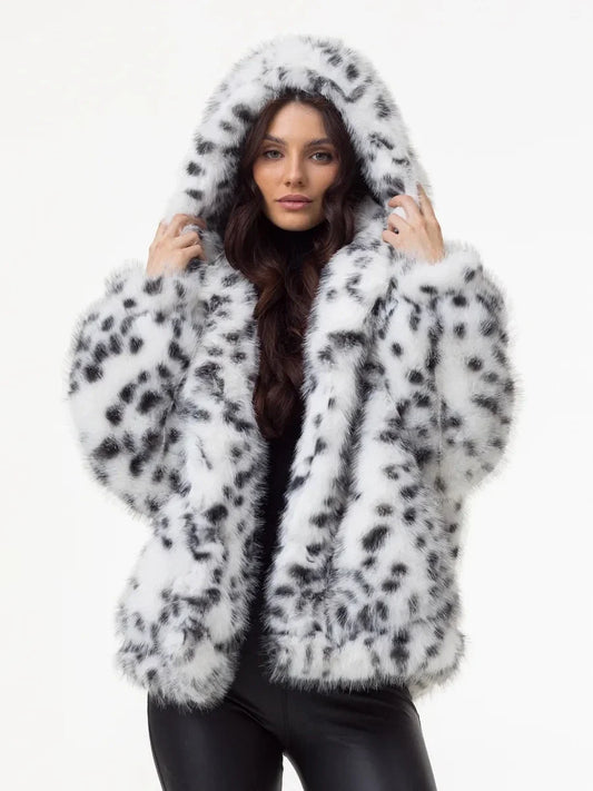 Veste en fausse fourrure blanche et noire à pois pour femme avec capuche