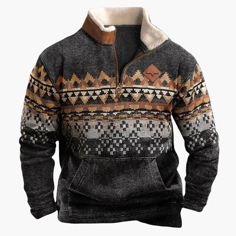 Herren Pullover im Western Ethno-Stil mit Viertelreißverschluss – Perfekt für Freizeit und Outdoor