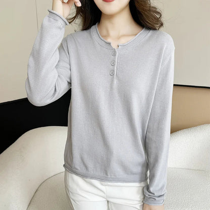 Damen Langarmshirt mit Knopfleiste, V-Ausschnitt, Feinstrick