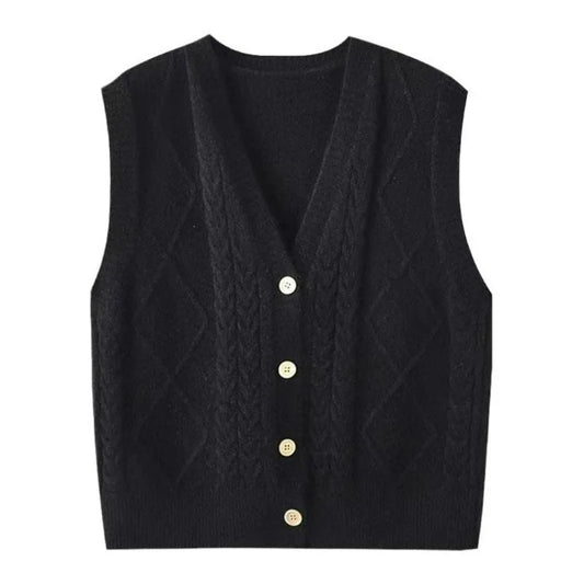Gilet en maille pour femme avec col en V, motif torsadé et motif losanges