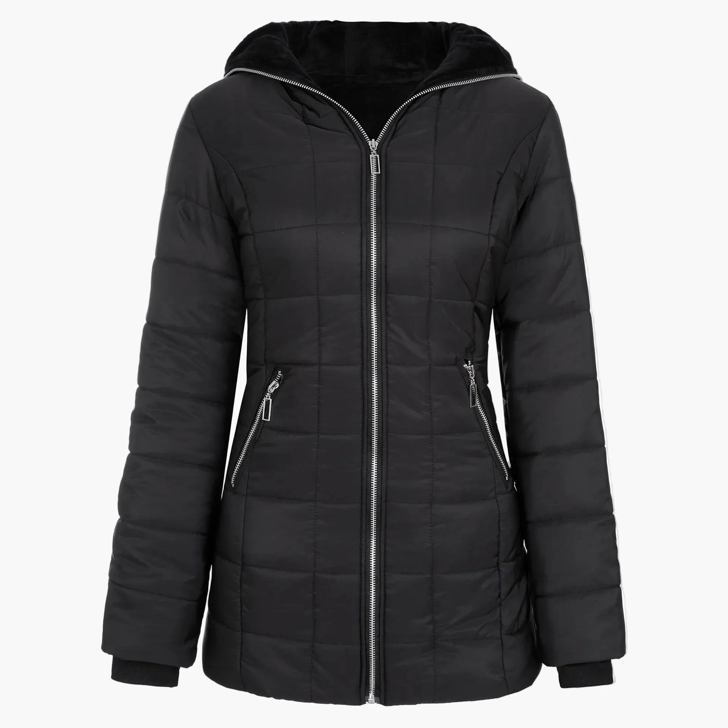 Giacca invernale trapuntata da donna con ampio cappuccio e cerniera asimmetrica – Cappotto outdoor alla moda