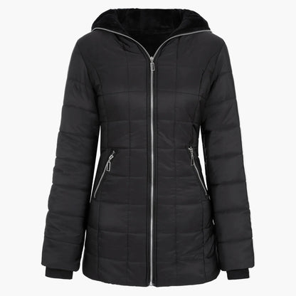 Giacca invernale trapuntata da donna con ampio cappuccio e cerniera asimmetrica – Cappotto outdoor alla moda