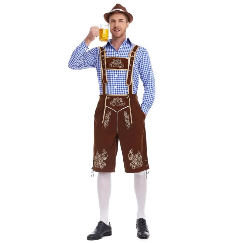 Herren Trachten Lederhose mit Hemd und Hosenträgern Geringeltes Karo-Muster
