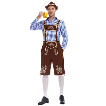 Herren Trachten Lederhose mit Hemd und Hosenträgern Geringeltes Karo-Muster