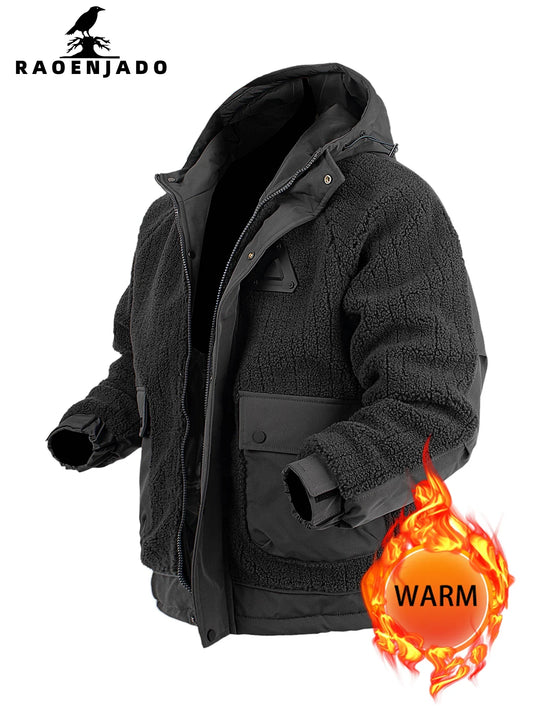 Chaqueta unisex con capucha de forro polar de borreguito, gruesa, negra