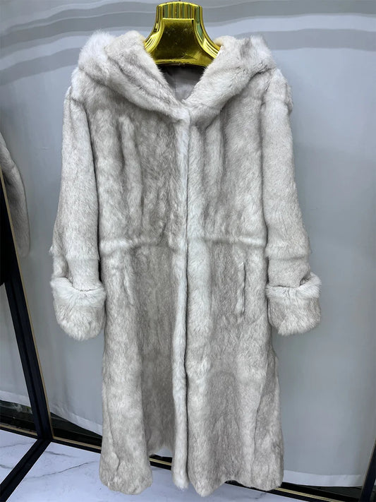 Damekåpe med hette, pelslook, lang, lysegrå