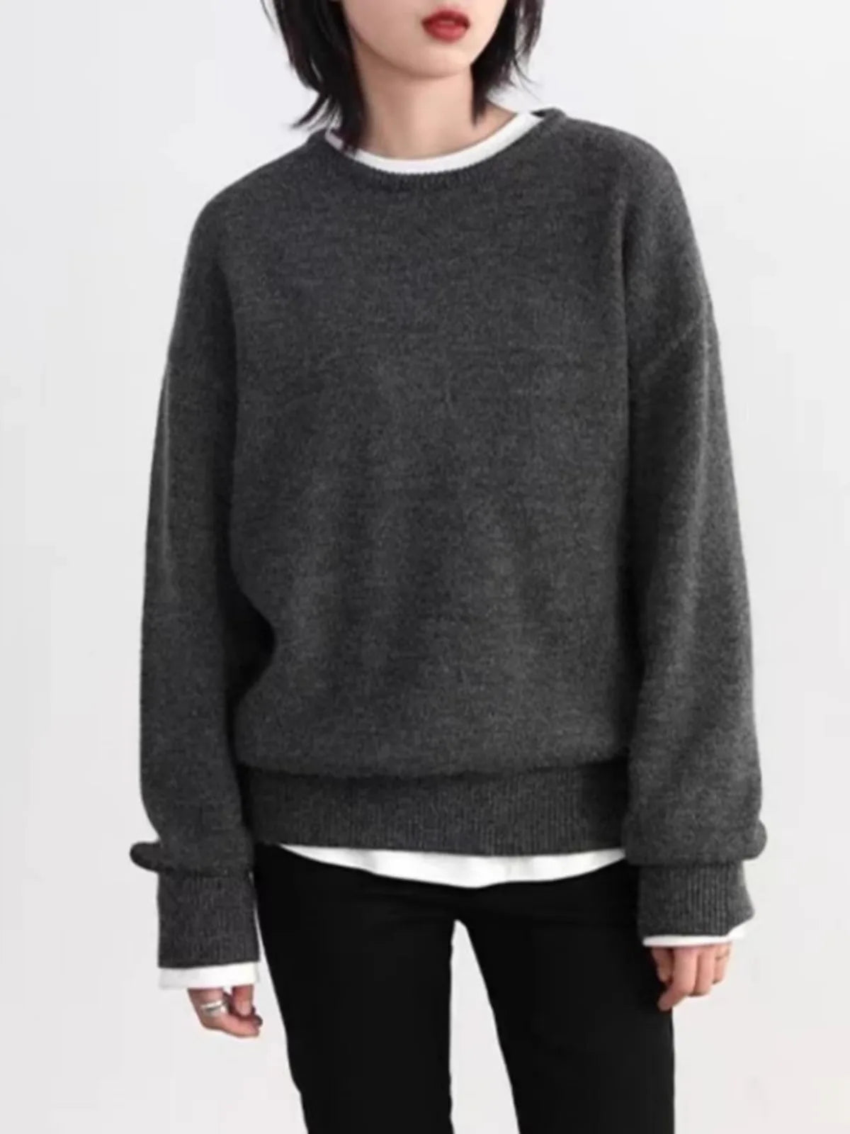 Unisex-trøje med rund hals, mørkegrå, lange ærmer