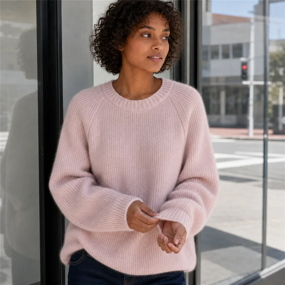 Maglione da donna a girocollo, maniche lunghe, in maglia a coste, giallo