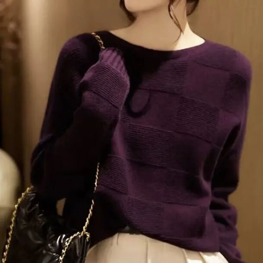 Pull femme violet à carreaux, col rond, en maille, manches longues