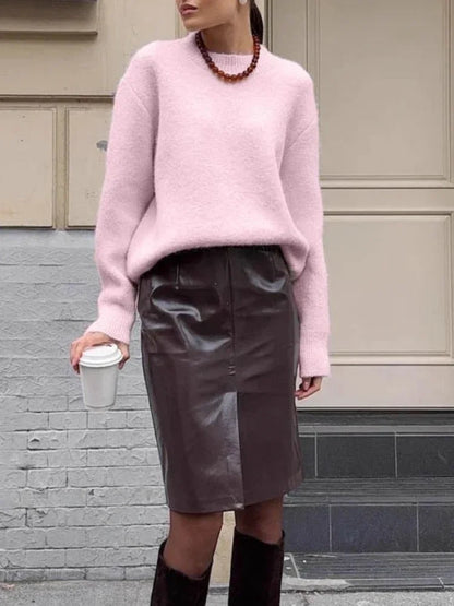 Damen Pullover weich Rundhalsausschnitt langärmlig