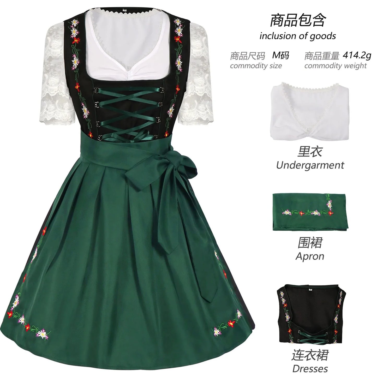 Damen Dirndl Kleid Grün Schwarz Trachtenkleid mit Stickerei und Bluse